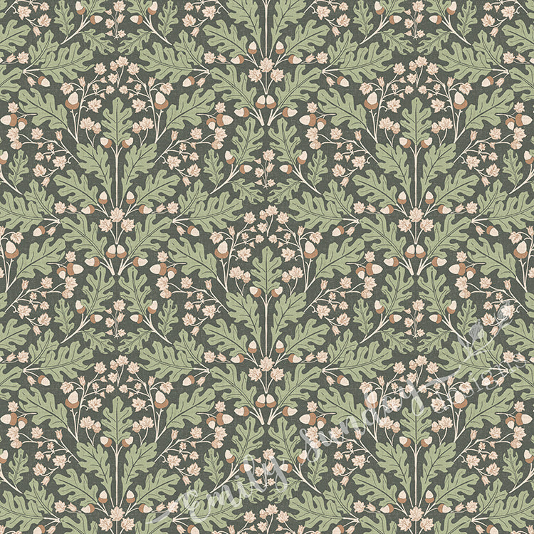 Small Scale Heritage Oak & Acorn Ogee Blush peel and stick wallpaper pattern detail